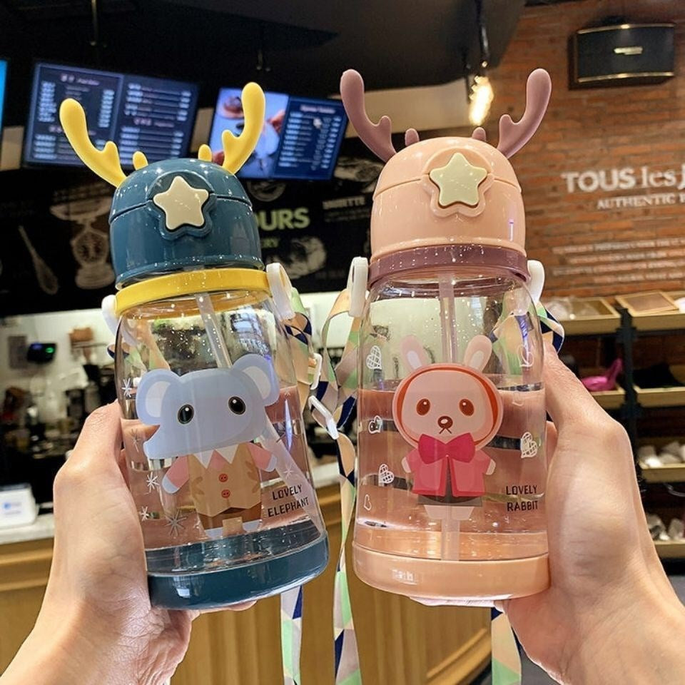 Cute Antler Water Bottle – Leak-Proof Straw Cup with Shoulder Strap