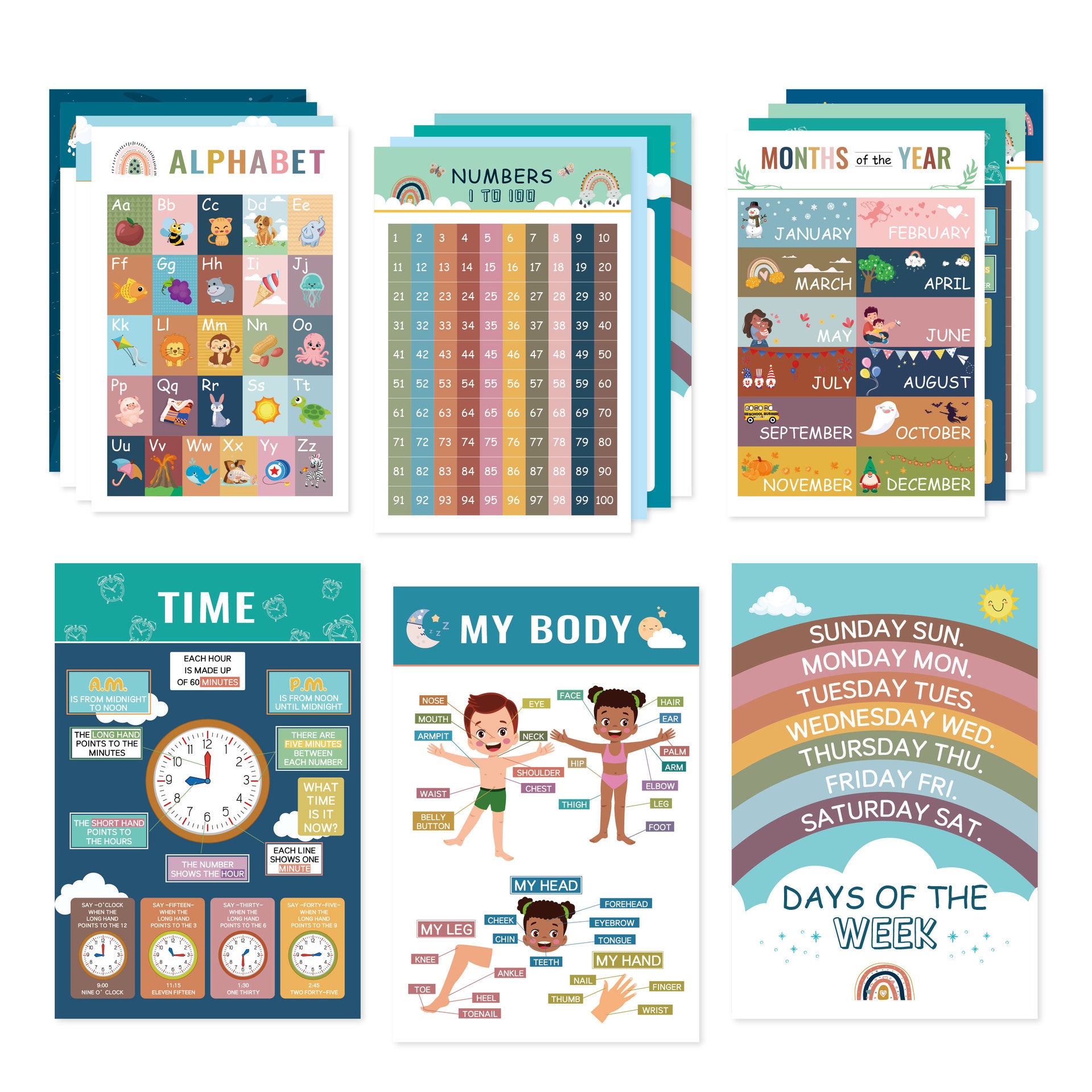 Boho Early Learning Wall Poster – English Alphabet, Numbers & Words with Stickers