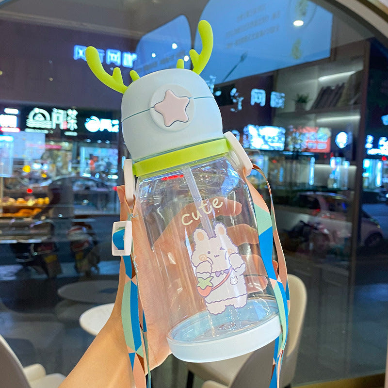 Cartoon Deer Antler Straw Cup – Large Capacity Water Bottle for Kids & Students
