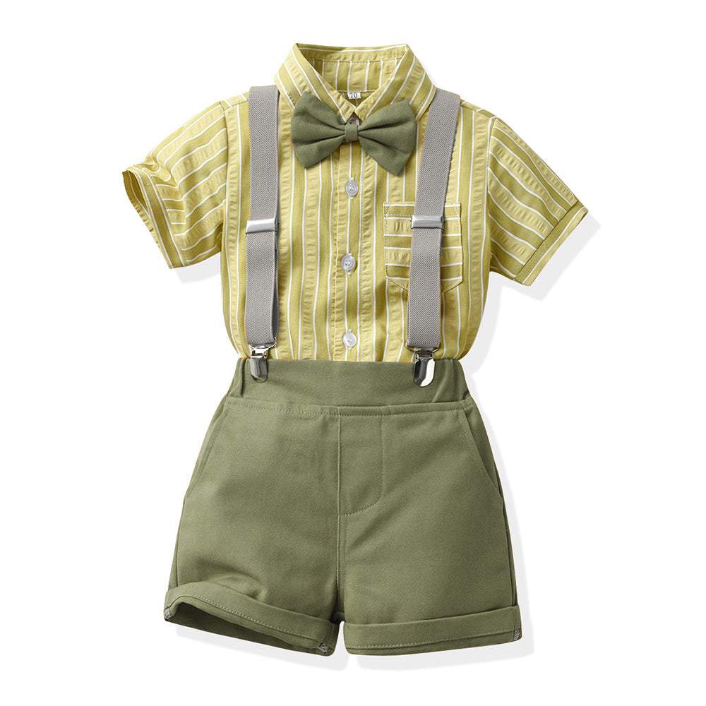 Korean Style Birthday Outfit – Boys’ Short Sleeve Shirt & Strap Pants Summer Set