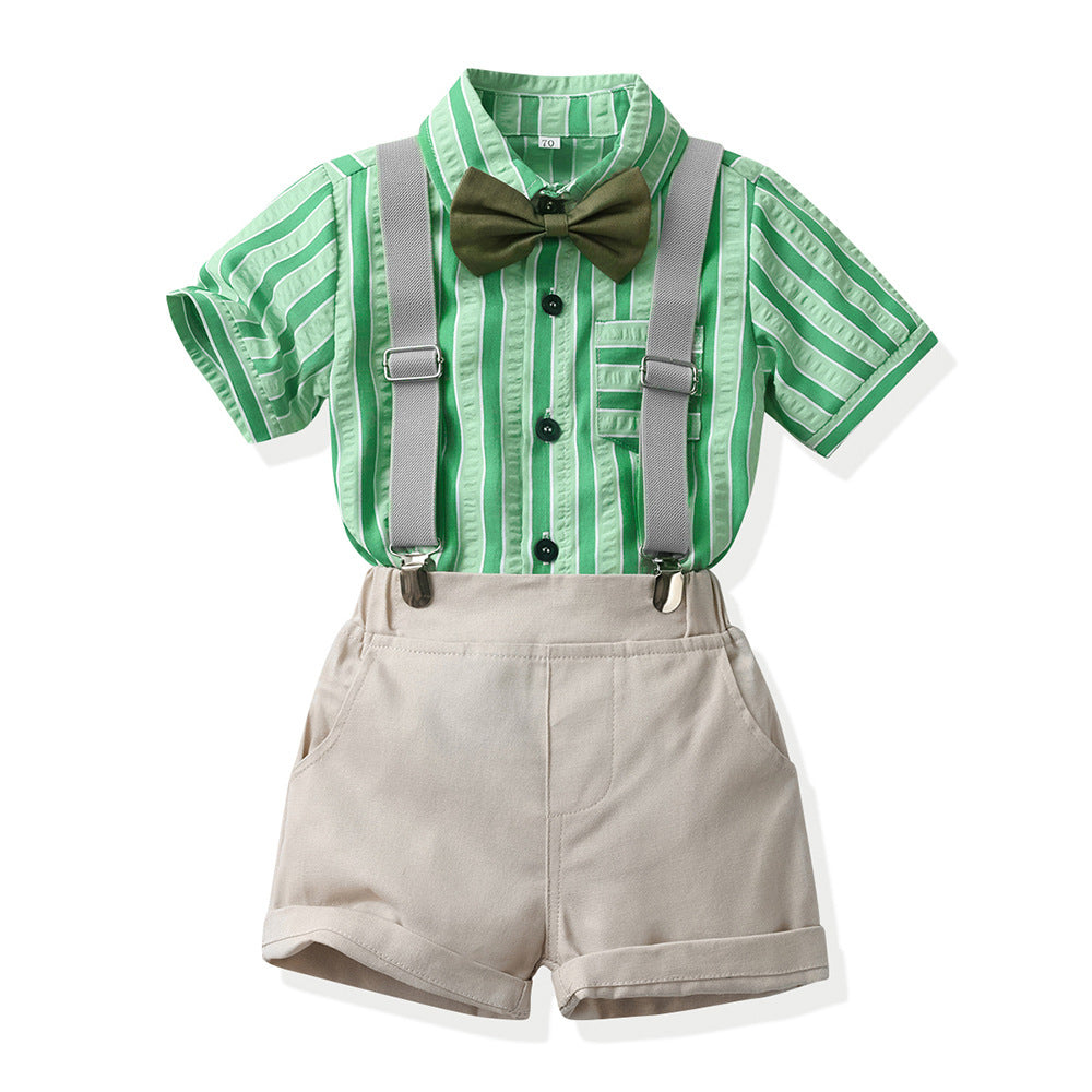 Korean Style Birthday Outfit – Boys’ Short Sleeve Shirt & Strap Pants Summer Set