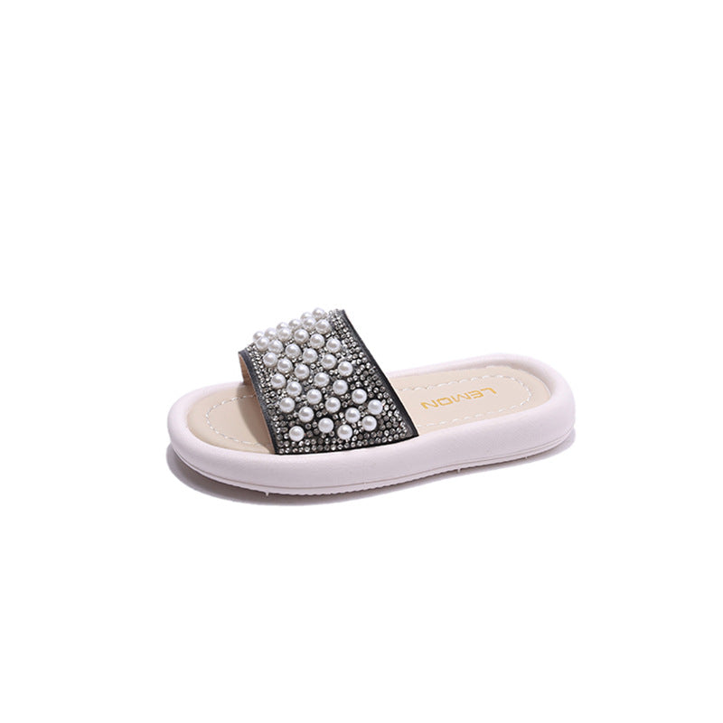 Girls’ Pearl Beaded Summer Sandals – Rhinestone Soft Sole Flats | Elegant Flip-Flops for Kids