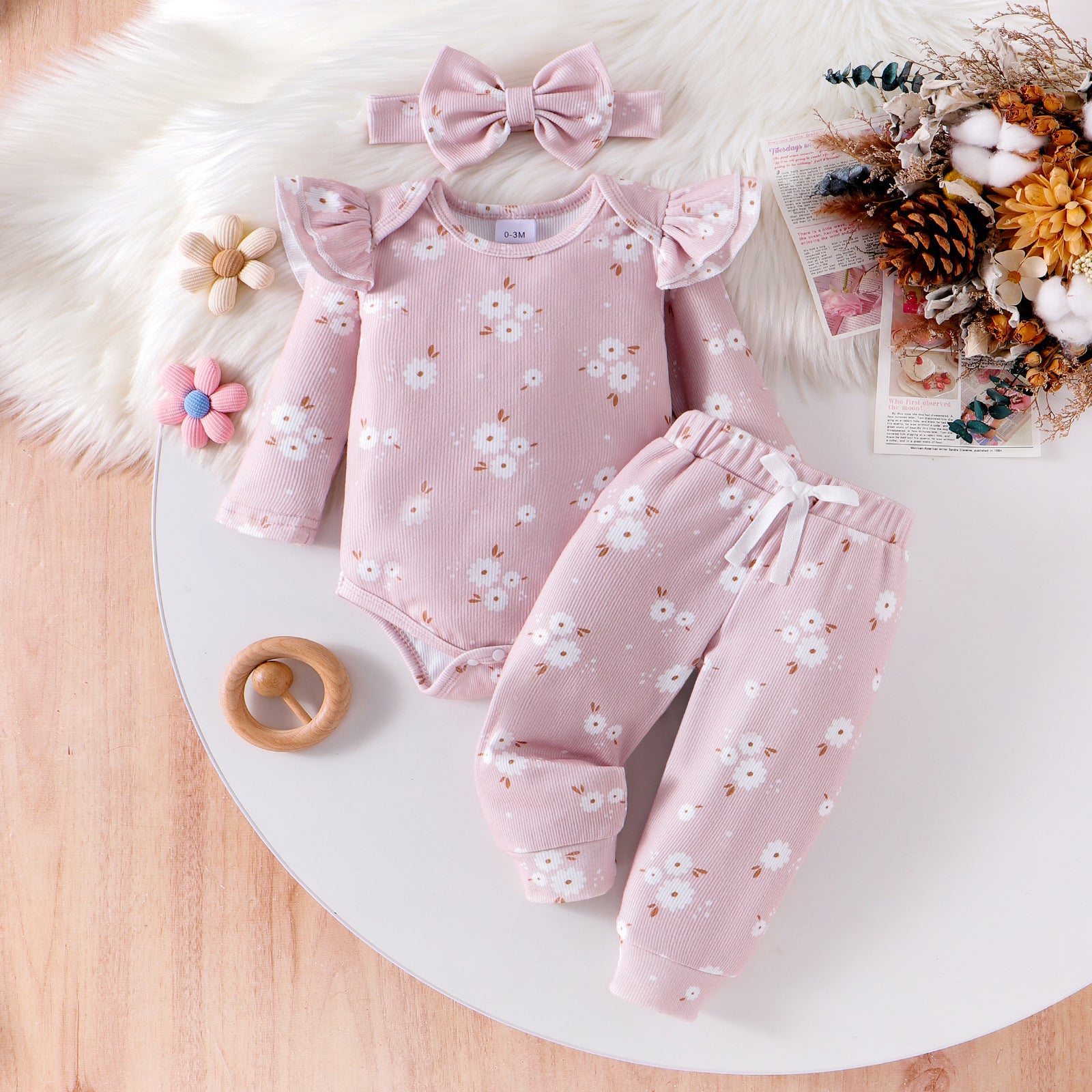 Baby Girl 3-Piece Set – Butterfly Bow Top, Floral Pants & Matching Accessory