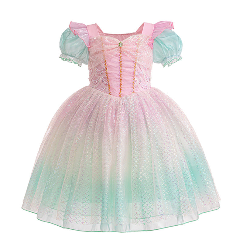 Elsa-Inspired Gradient Princess Dress – Layered Tulle Cake Dress with Bubble Sleeves