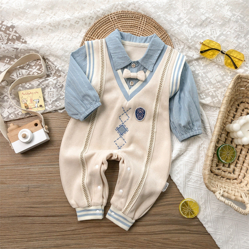 Autumn Baby Gentleman Outfit – Korean Style Long-Sleeved Crawling Romper for Newborn Boys