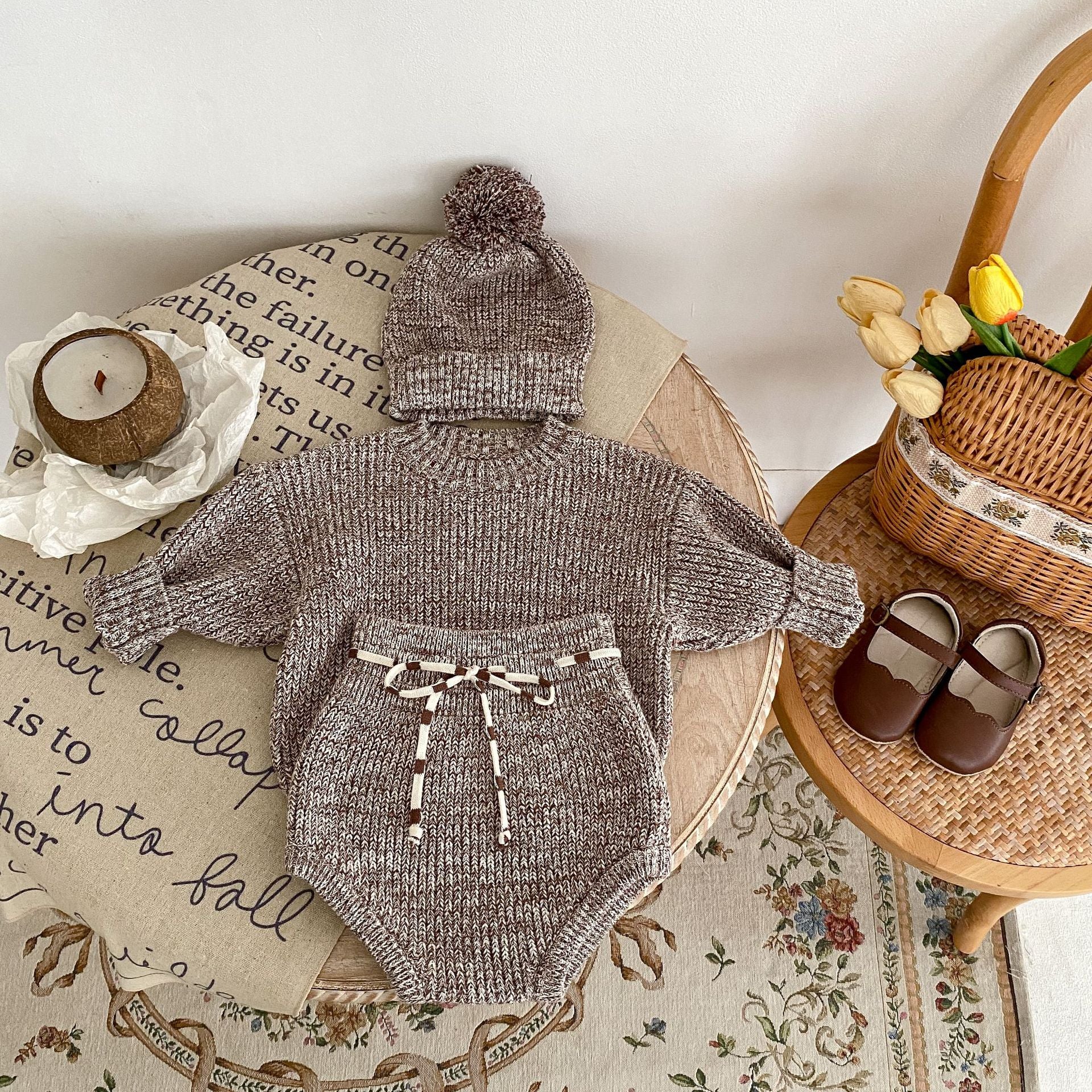 Autumn Outfit – Mixed Color Coarse Knit Pullover + Pants + Knitted Hat for Infant & Toddler Girls (3-Piece Set)
