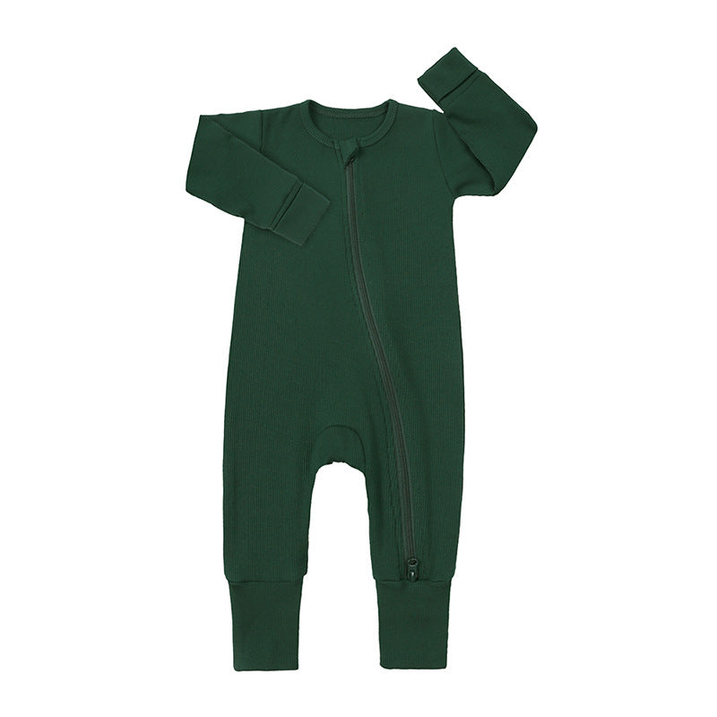 Bamboo Fiber Baby Onesie – Long Sleeve, Double Zipper, Fold-over Hands & Feet (All Seasons)