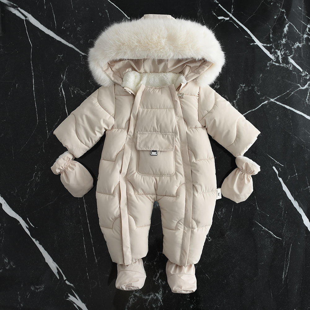 Winter Baby Hoodie Jumpsuit – Fur Collar & Large Pocket (European-American Style)
