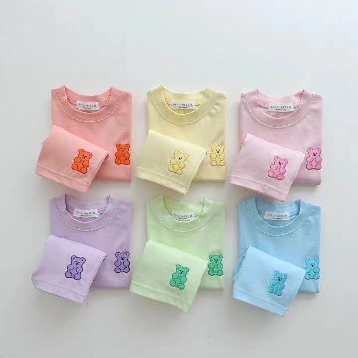 Teddy Bear Embroidered Summer Set – Korean Style Baby T-Shirt & Shorts (Unisex)