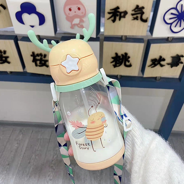 Cartoon Deer Antler Straw Cup – Large Capacity Water Bottle for Kids & Students