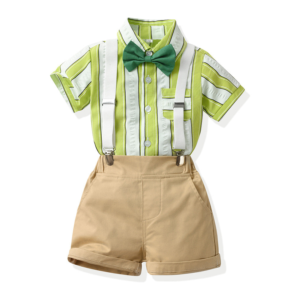 Korean Style Birthday Outfit – Boys’ Short Sleeve Shirt & Strap Pants Summer Set