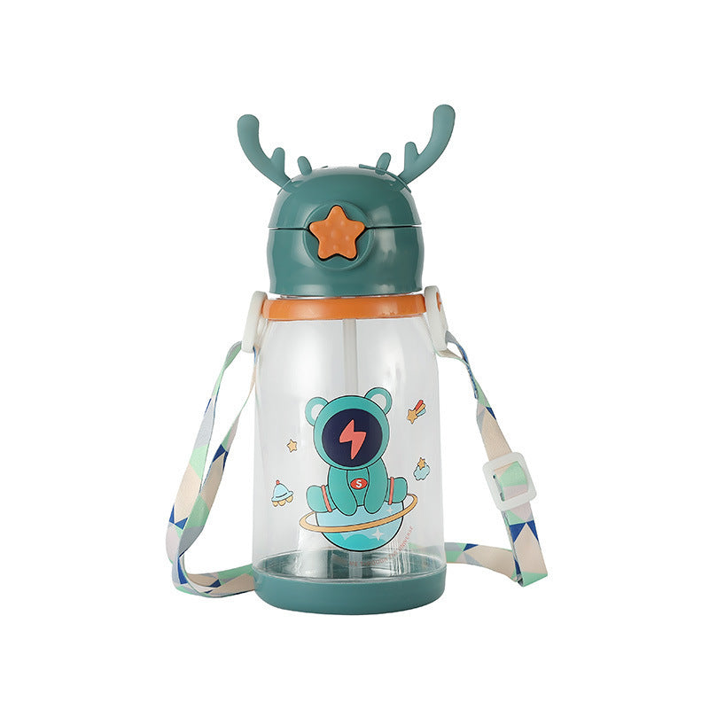 Cartoon Deer Antler Straw Cup – Large Capacity Water Bottle for Kids & Students