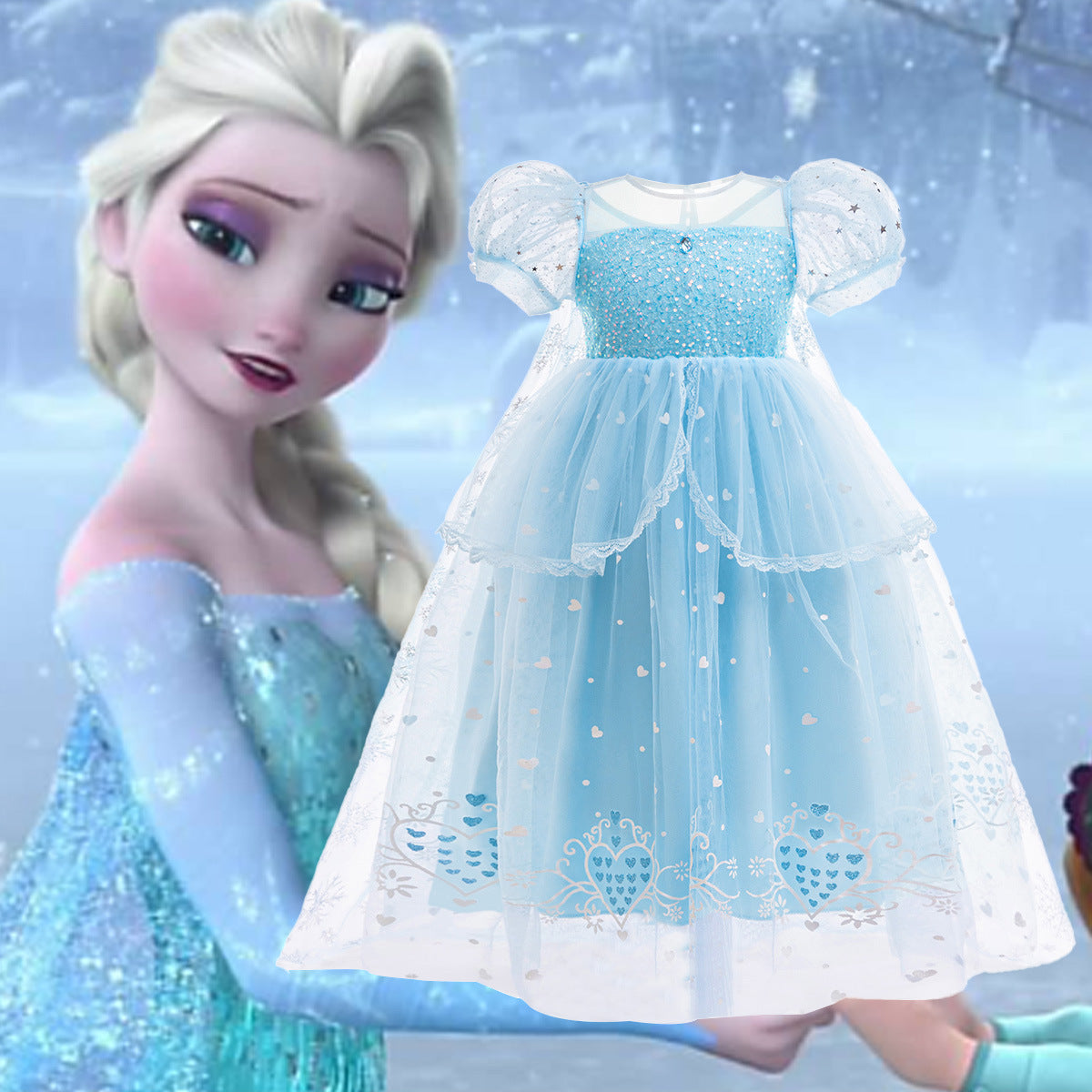 Elsa Princess Dress – Sparkling Frozen Cosplay Gown with Sleeves and Flowing Cape