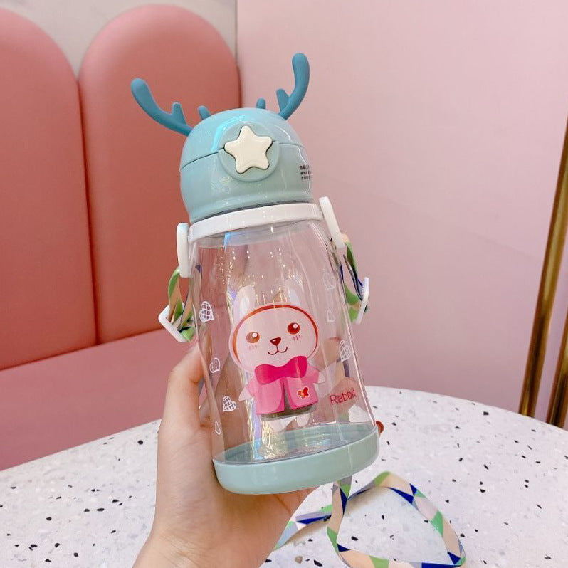 Cute Antler Water Bottle – Leak-Proof Straw Cup with Shoulder Strap