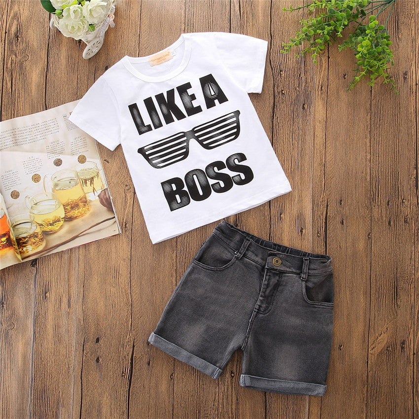 Boys’ Two-Piece Outfit – Short Sleeve Letter Tee & Denim Shorts Set
