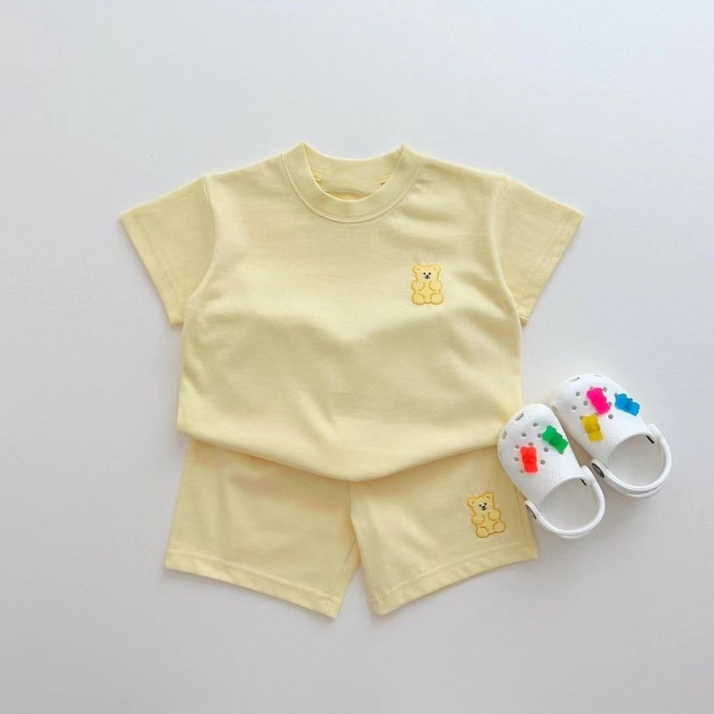 Teddy Bear Embroidered Summer Set – Korean Style Baby T-Shirt & Shorts (Unisex)