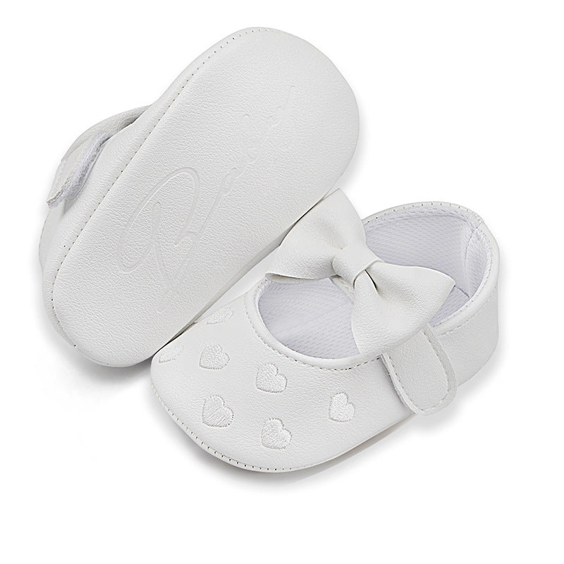 Embroidered Peach Heart Bow Baby Shoes (0–12 Months)