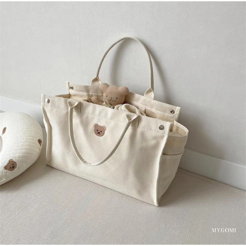 Korean-Style Mommy Tote – Embroidered Bear Canvas Bag