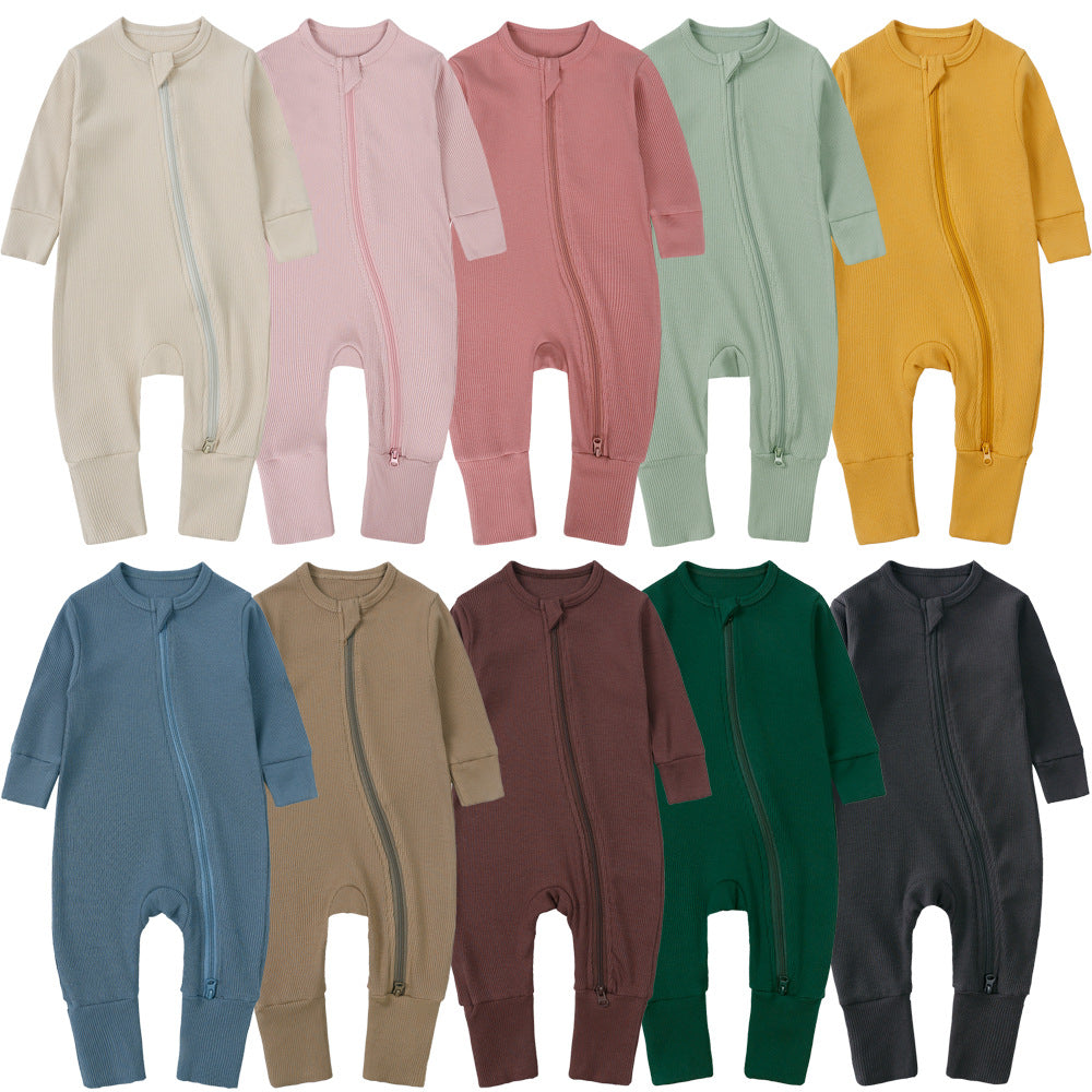 Bamboo Fiber Baby Onesie – Long Sleeve, Double Zipper, Fold-over Hands & Feet (All Seasons)