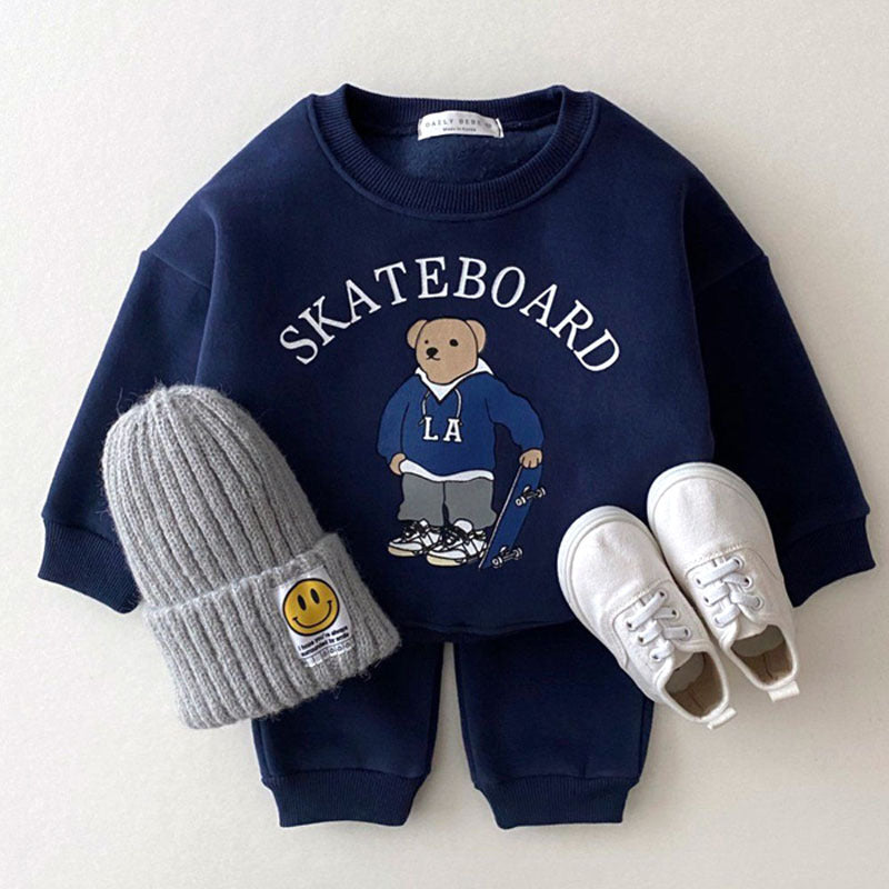Korean Style Cartoon Hoodie Set – Toddler Boys Casual Outfit | Skateboard & Teddy Print