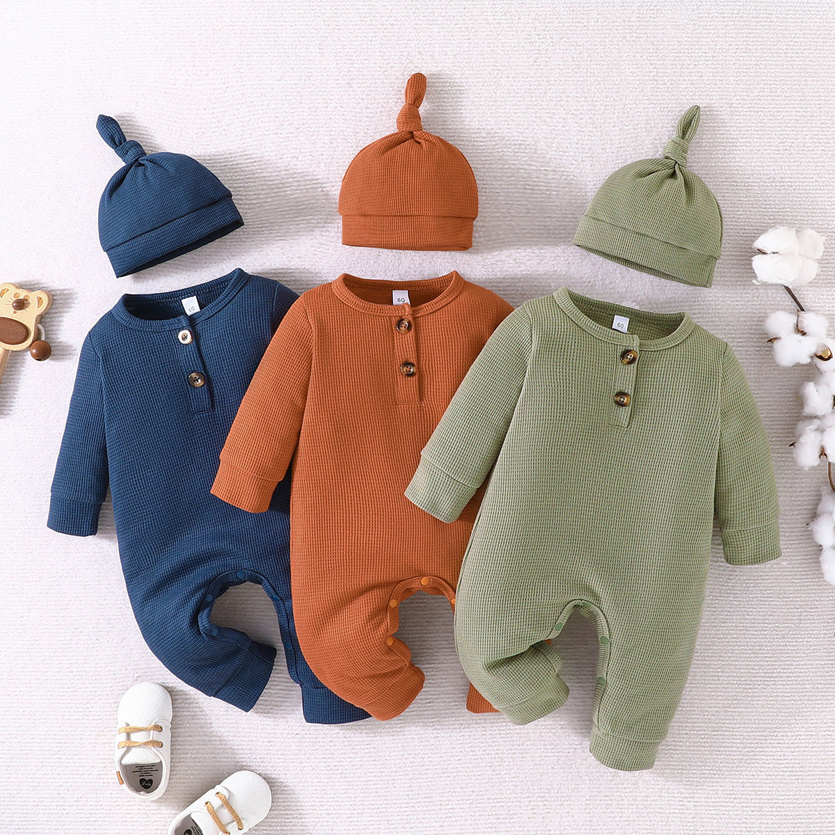 Three-Color Grid Baby Jumpsuit with Hoodie – Long Sleeve Crawling Outfit