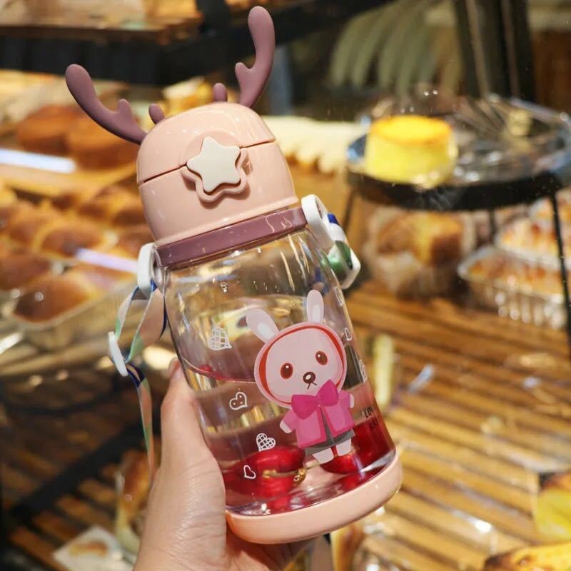 Cute Antler Water Bottle – Leak-Proof Straw Cup with Shoulder Strap