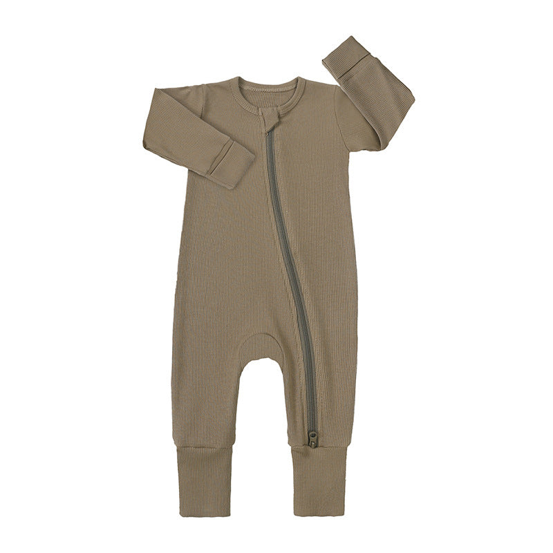 Bamboo Fiber Baby Onesie – Long Sleeve, Double Zipper, Fold-over Hands & Feet (All Seasons)