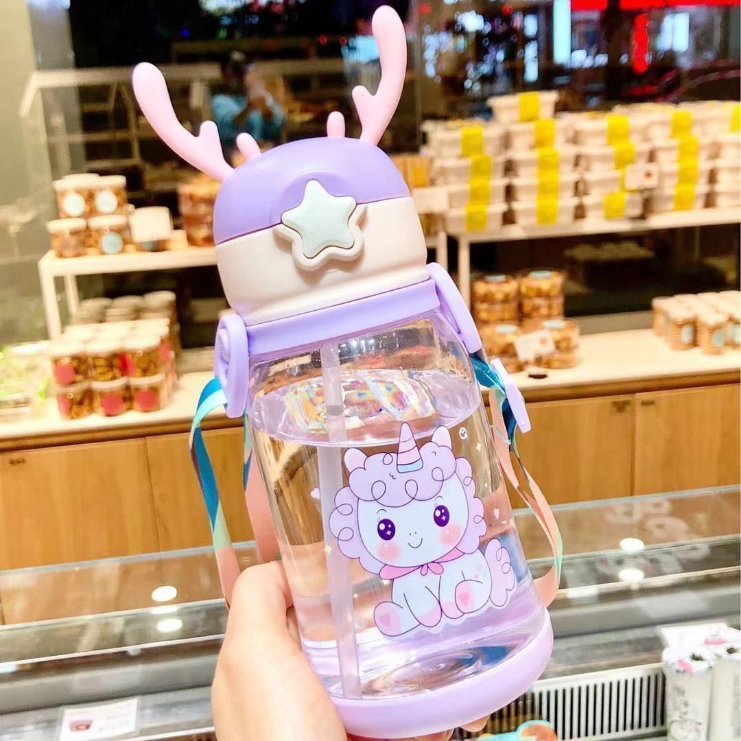Cute Antler Water Bottle – Leak-Proof Straw Cup with Shoulder Strap
