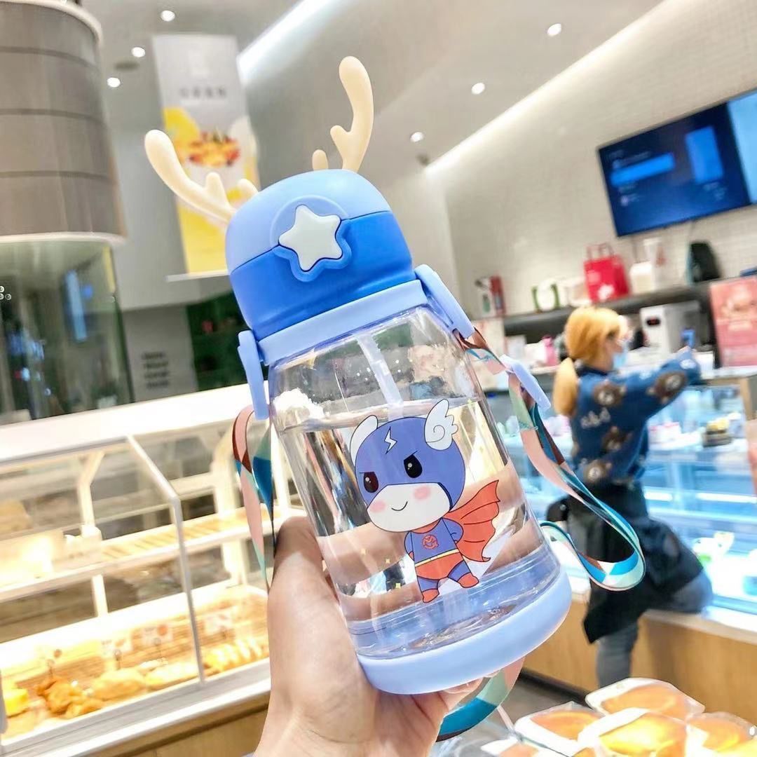 Cute Antler Water Bottle – Leak-Proof Straw Cup with Shoulder Strap