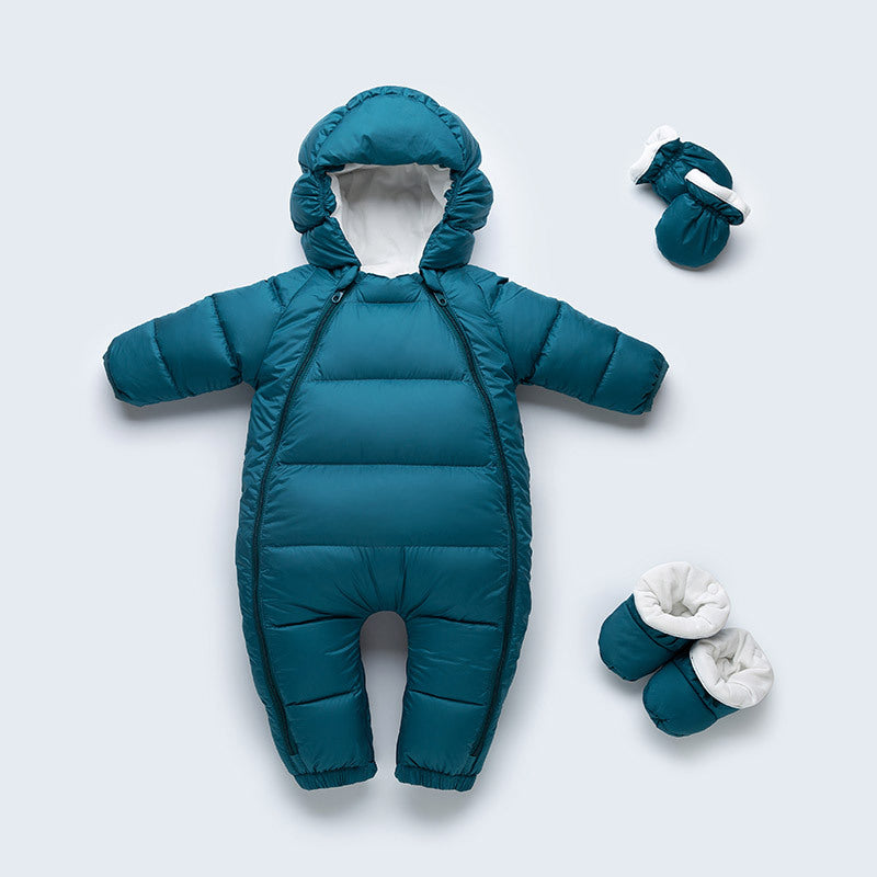 Baby Down Jumpsuit with Hoodie – Thick Wool-Lined Outdoor Romper (Unisex)