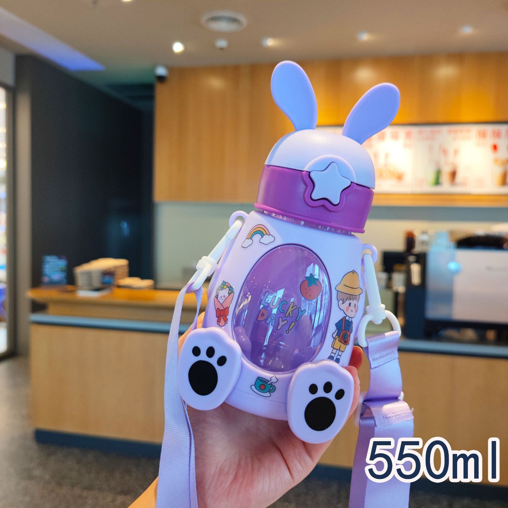 Cute Bunny Water Bottle with Straw – Summer Diagonal Strap Design