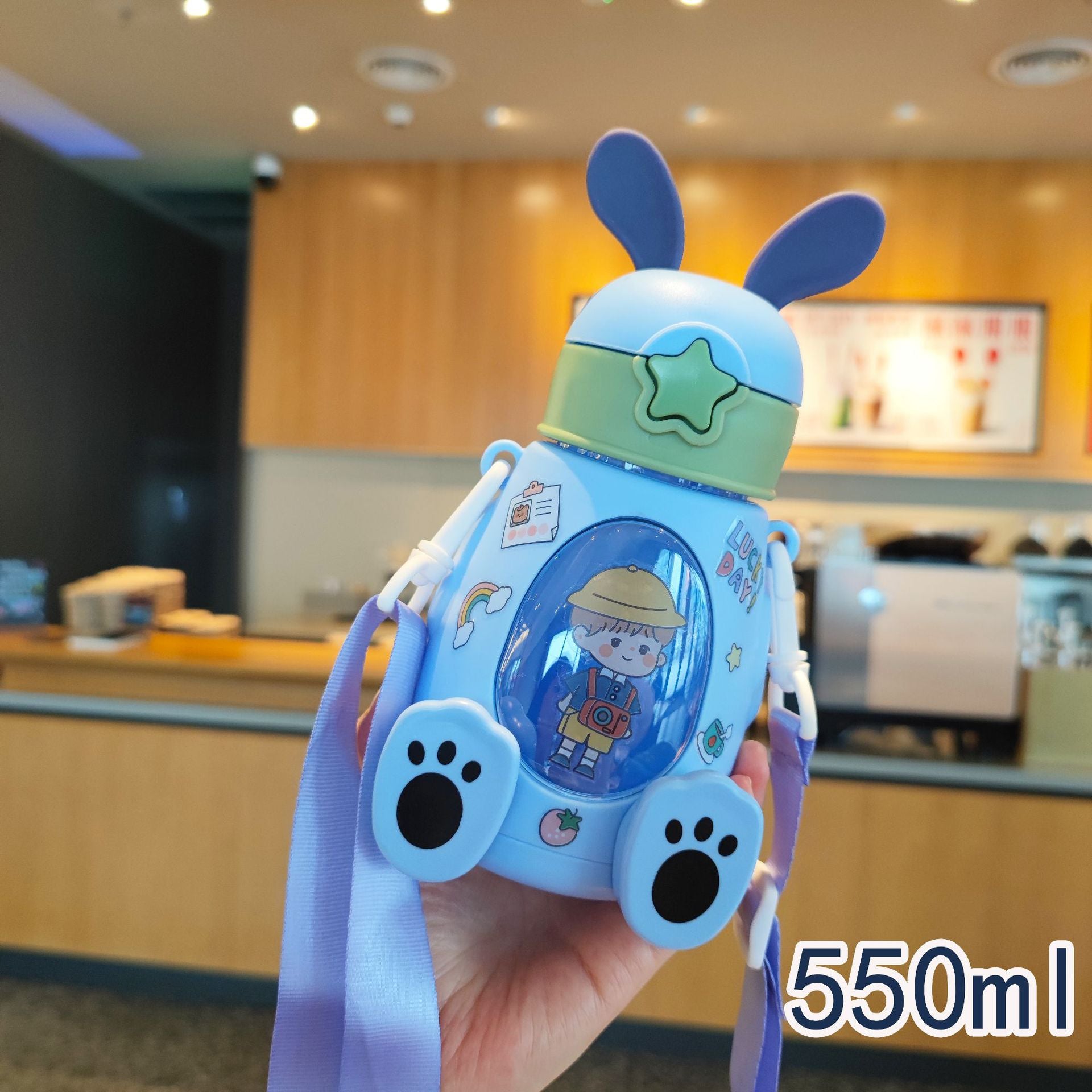 Cute Bunny Water Bottle with Straw – Summer Diagonal Strap Design