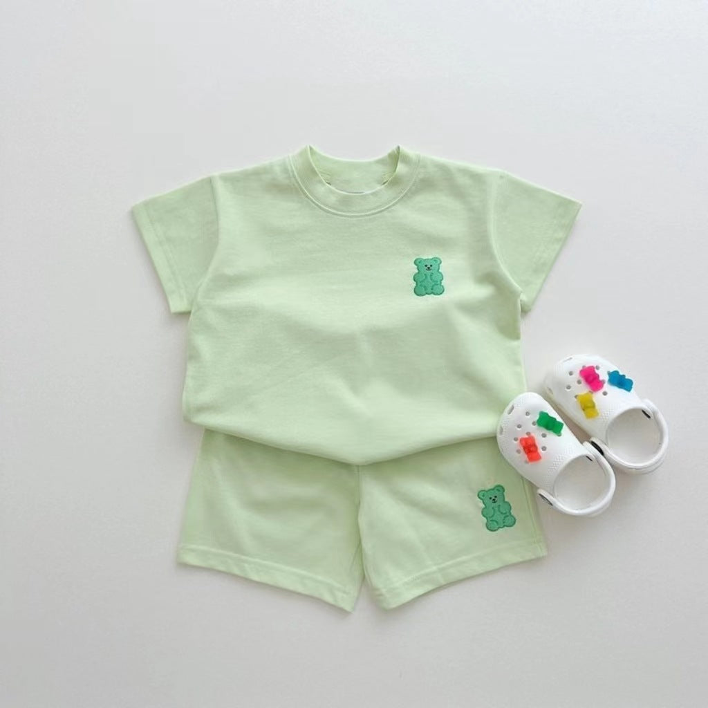 Teddy Bear Embroidered Summer Set – Korean Style Baby T-Shirt & Shorts (Unisex)