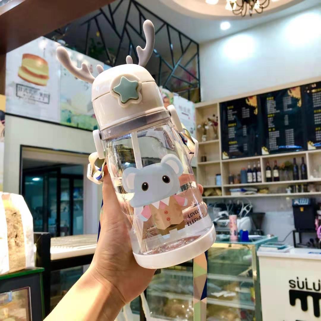Cute Antler Water Bottle – Leak-Proof Straw Cup with Shoulder Strap