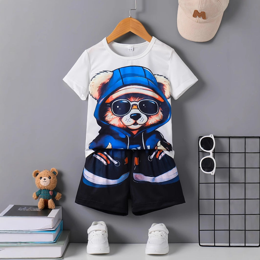 Cartoon Teddy Bear Summer Outfit – Short Sleeve Pullover & Shorts Set for Boys