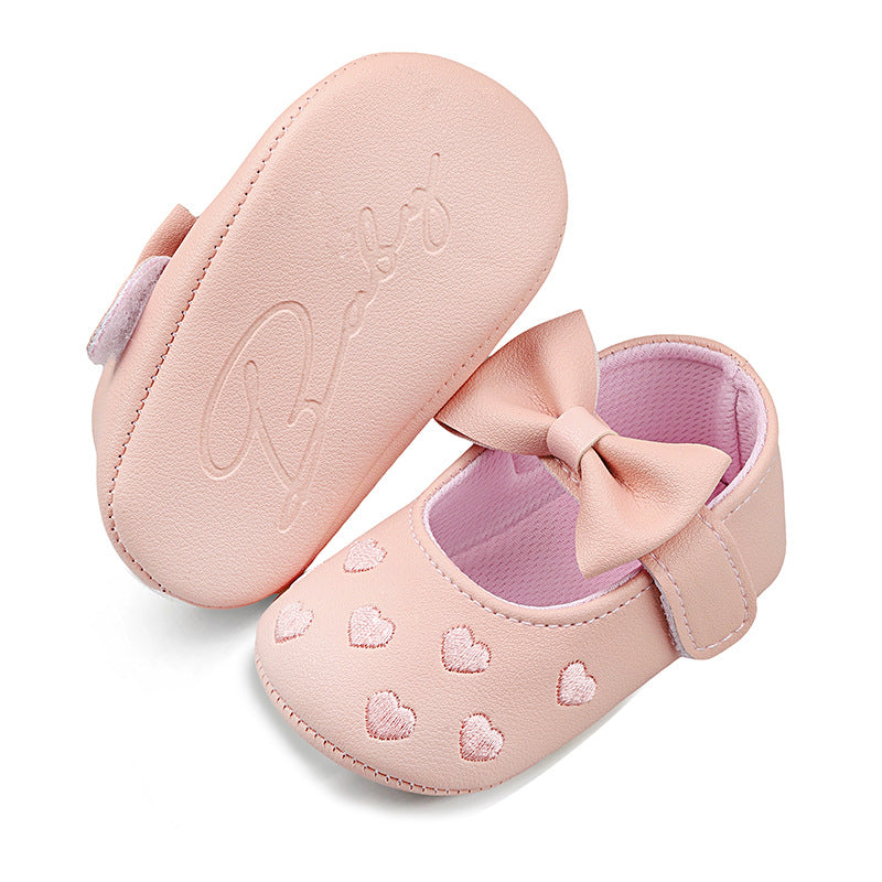 Embroidered Peach Heart Bow Baby Shoes (0–12 Months)