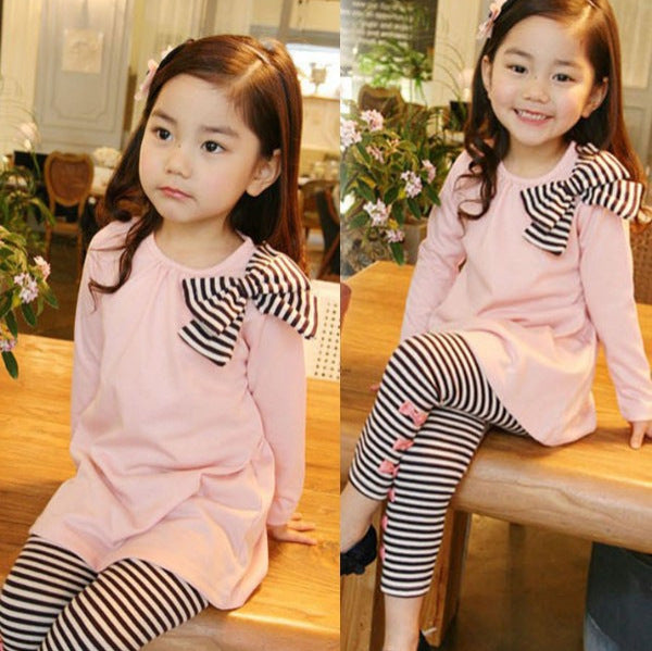 Girls’ Striped Two-Piece Set – Bow Detail CVC Top & Matching Pants