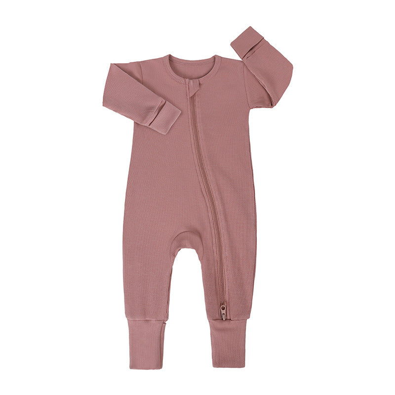 Bamboo Fiber Baby Onesie – Long Sleeve, Double Zipper, Fold-over Hands & Feet (All Seasons)