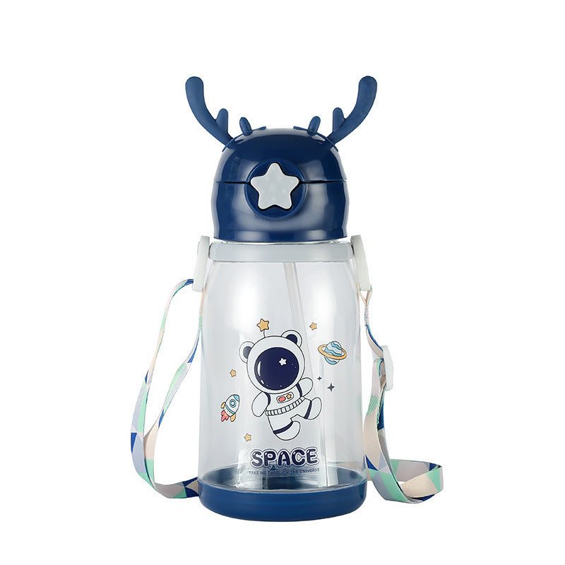Cartoon Deer Antler Straw Cup – Large Capacity Water Bottle for Kids & Students