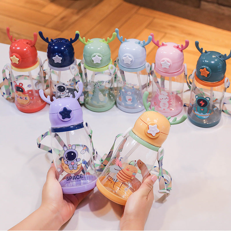 Cartoon Deer Antler Straw Cup – Large Capacity Water Bottle for Kids & Students