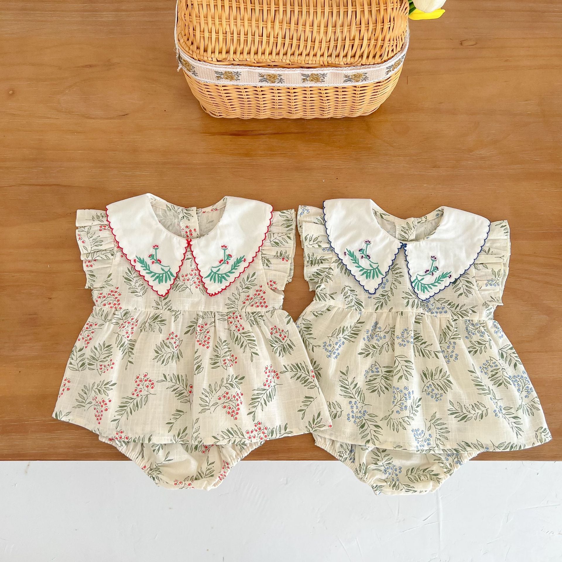Baby Girl Summer Floral Set – Embroidered Collar Flying Sleeve Top & Bread Shorts