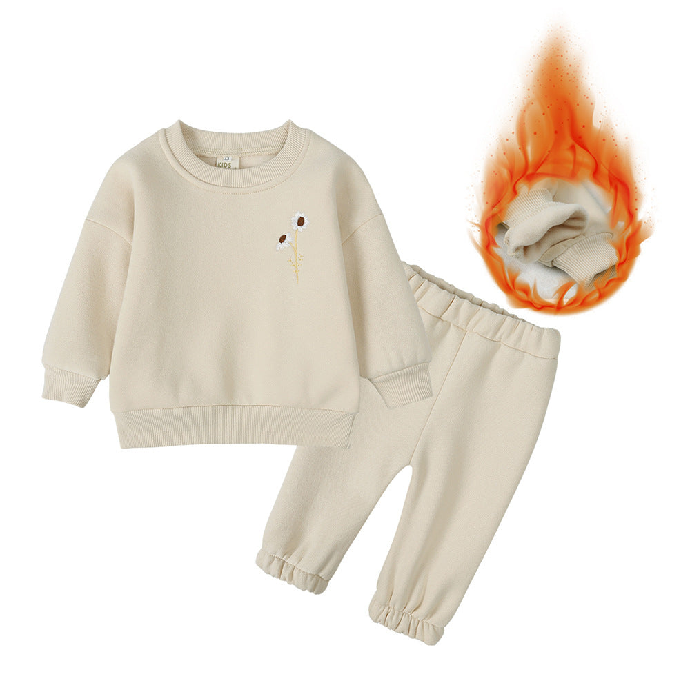Chrysanthemum Plush Hoodie Set – Autumn & Winter Outfit for Boys and Girls