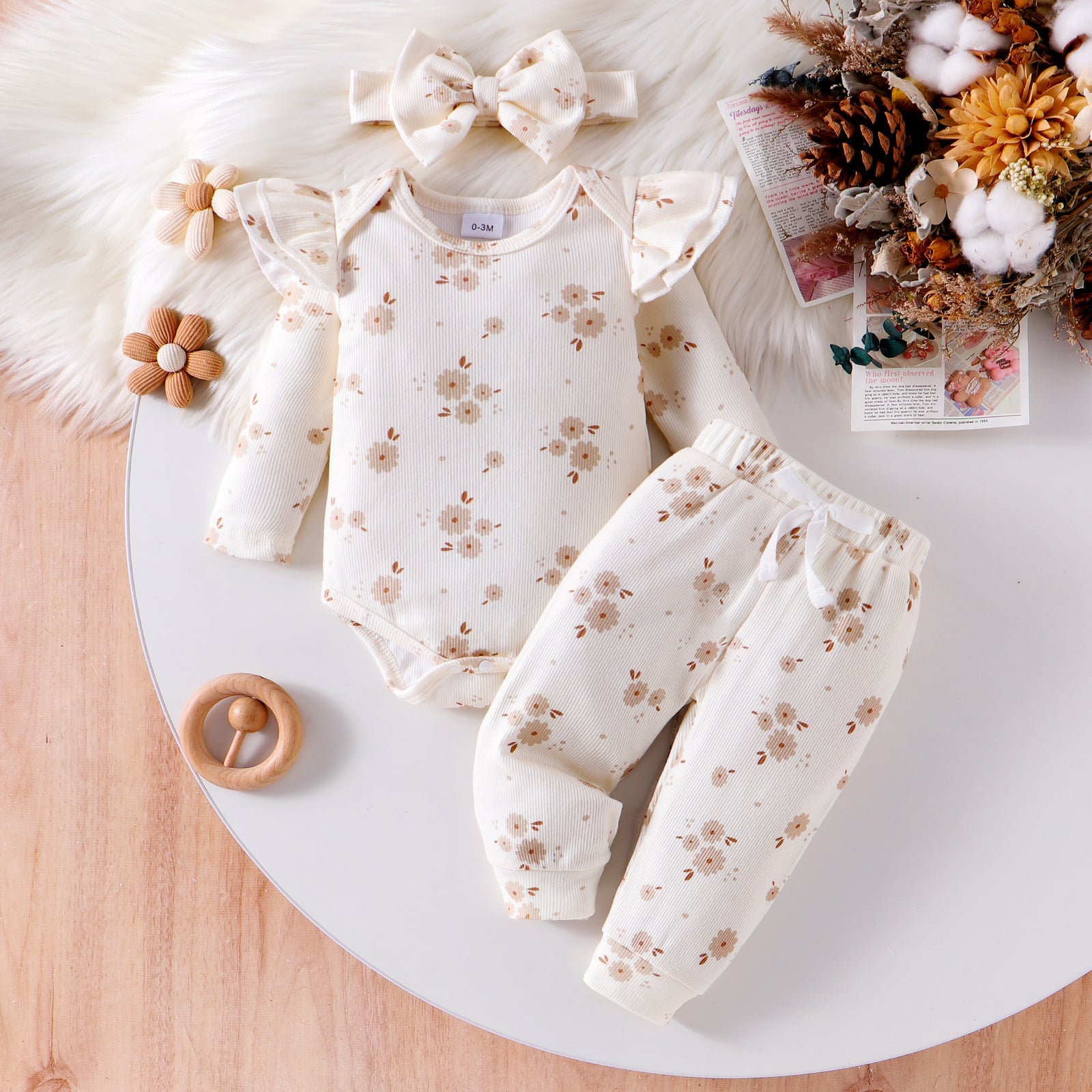 Baby Girl 3-Piece Set – Butterfly Bow Top, Floral Pants & Matching Accessory