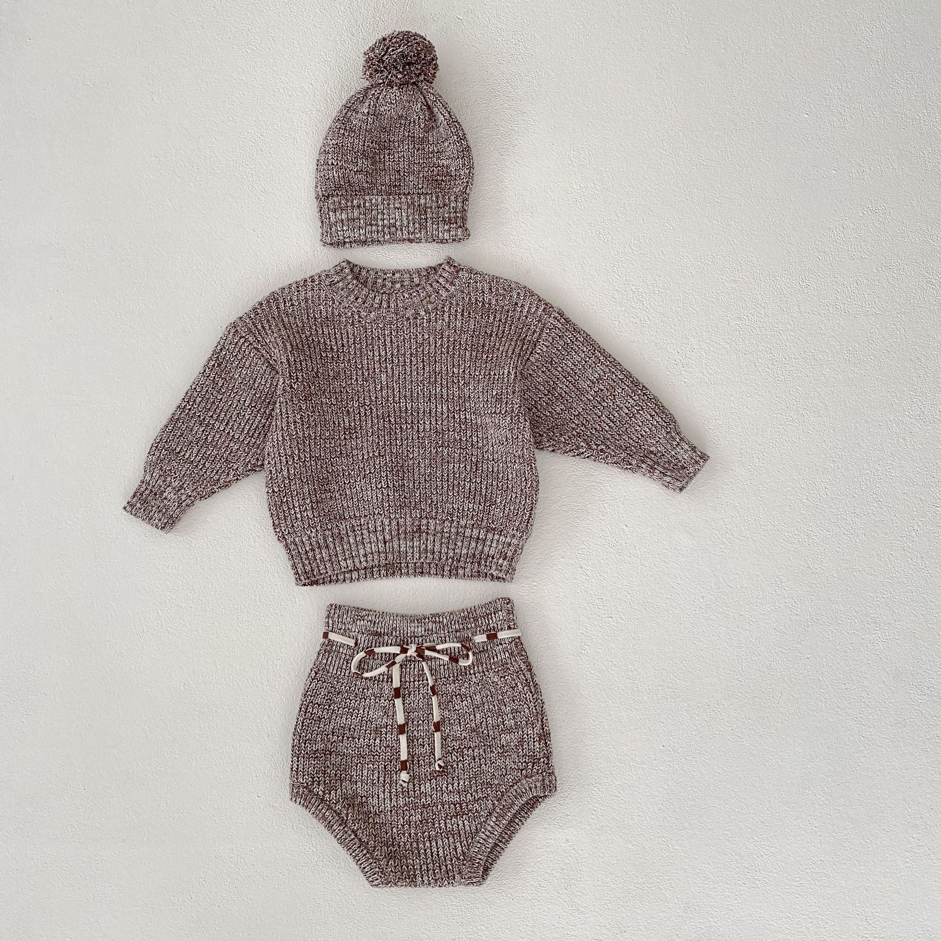 Autumn Outfit – Mixed Color Coarse Knit Pullover + Pants + Knitted Hat for Infant & Toddler Girls (3-Piece Set)