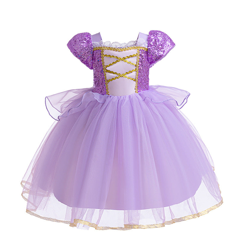 Elsa-Inspired Gradient Princess Dress – Layered Tulle Cake Dress with Bubble Sleeves