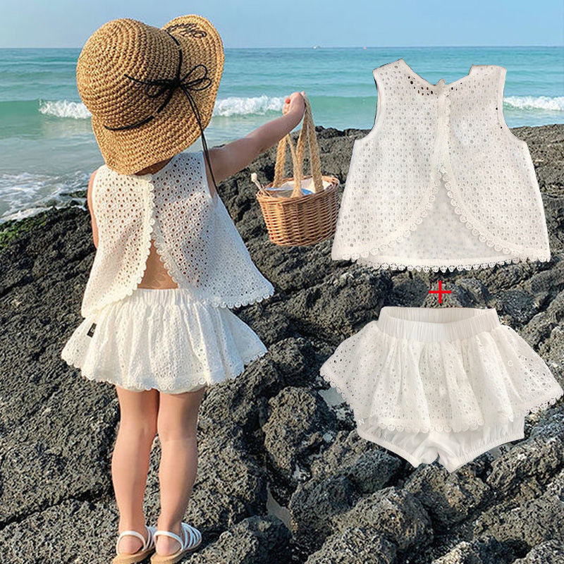 2024 Girls' Clothing Baby Girl Sweet Hollow Cotton Set Summer Girls' Western style Open Back Tank Top Two Piece Set