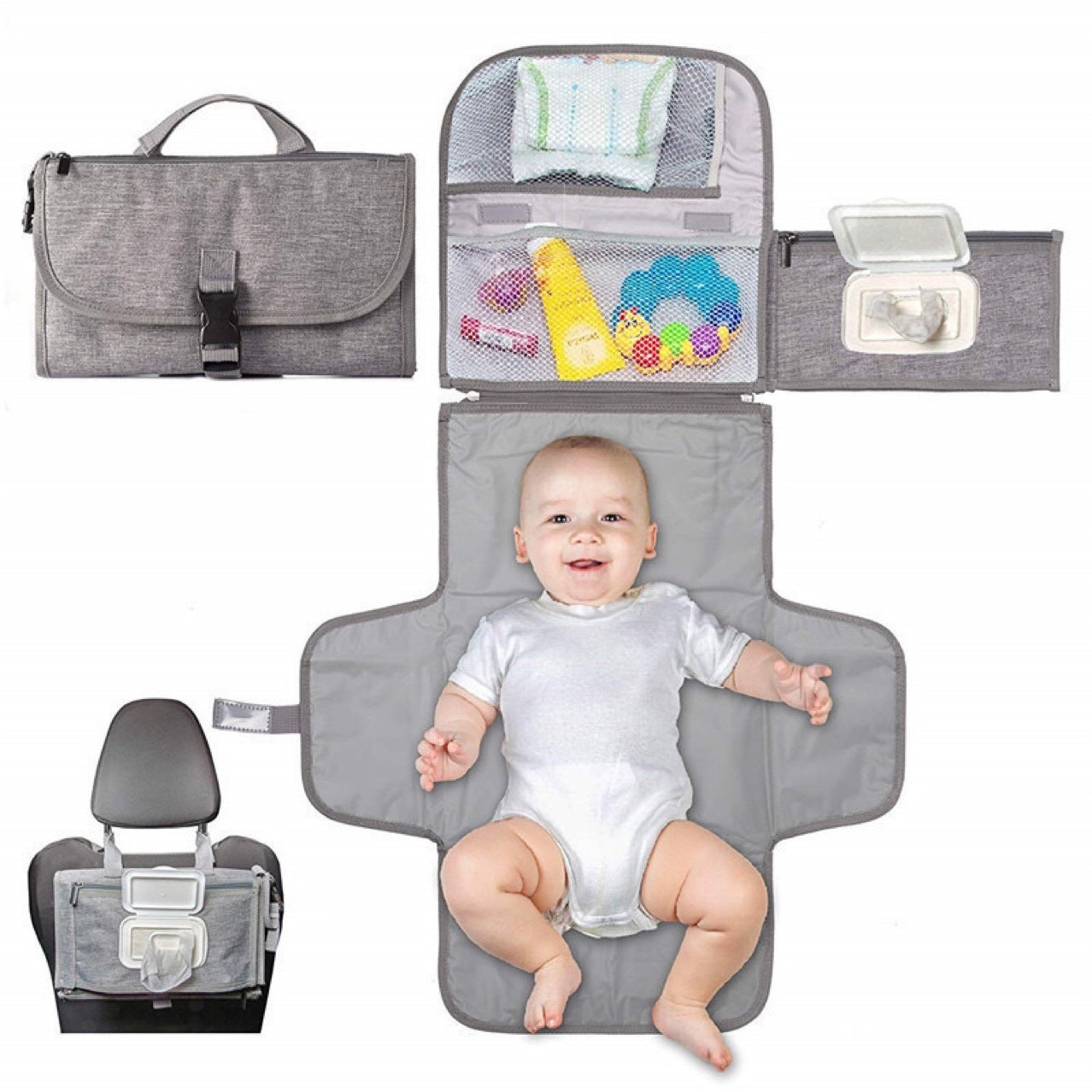 Portable Diaper Changing Pad – Waterproof Travel Changing Kit with Smart Wipes Pocket