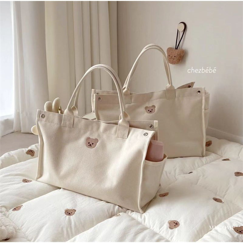 Korean-Style Mommy Tote – Embroidered Bear Canvas Bag