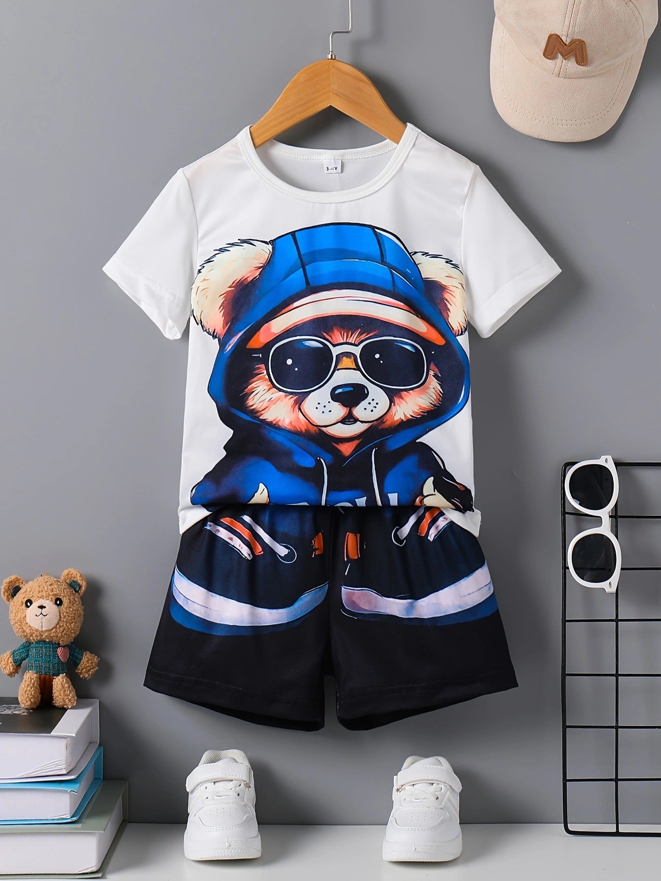 Cartoon Teddy Bear Summer Outfit – Short Sleeve Pullover & Shorts Set for Boys