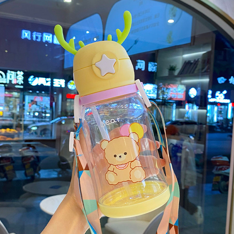 Cartoon Deer Antler Straw Cup – Large Capacity Water Bottle for Kids & Students